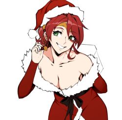 Rule 34 | 1girl, alternate costume, arm behind back, bare shoulders, breasts, circlet, cleavage, commentary, earrings, english commentary, forehead protector, green eyes, jewelry, levilagann, long hair, looking at viewer, medium breasts, ponytail, pyrrha nikos, red hair, rwby, santa costume, smile, solo, white background