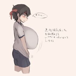 Rule 34 | 1boy, blush, bouncing breasts, breasts, brown eyes, brown hair, gigantic breasts, gym uniform, impossible clothes, male with breasts, oppai shota, pittori, shorts, simple background, solo, standing, sweatdrop, translation request