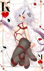 Rule 34 | 1girl, absurdres, animal ears, bdsm, black pantyhose, blush, bondage, bound, breasts, commentary request, commission, cosplay request, fake animal ears, feet, full body, gradient hair, hair ornament, hairclip, heart, highres, king (playing card), king of hearts (playing card), leotard, long hair, medium breasts, meisansan, multicolored hair, neptune (series), no shoes, pantyhose, playboy bunny, purple hair, rabbit ears, red eyes, restrained, second-party source, shibari, shin jigen game neptune vii, sideboob, soles, solo, tennouboshi uzume, toes, twintails, variant set, very long hair, white hair