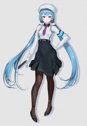 Rule 34 | 1girl, aqua hair, armband, black pantyhose, closed mouth, full body, gloves, highres, long hair, looking at viewer, md5 mismatch, necktie, original, pantyhose, qbase, red eyes, resolution mismatch, skirt, smile, solo, source smaller, suspender skirt, suspenders, twintails, very long hair, white gloves