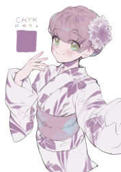 Rule 34 | 1girl, ace attorney, alternate costume, blush, closed mouth, floral print, flower, green eyes, hair flower, hair ornament, highres, iris wilson, japanese clothes, kimono, long sleeves, looking at viewer, noi350, obi, pink hair, sash, short hair, simple background, smile, solo, the great ace attorney, white background, white kimono, wide sleeves