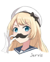 Rule 34 | 1girl, blonde hair, blue eyes, character name, close-up, fake facial hair, fake mustache, gloves, hat, highres, jervis (kancolle), kantai collection, looking at viewer, sailor collar, sailor hat, simple background, solo, swept bangs, twirling mustache, upper body, white background, white gloves, white hat, yuki 4040