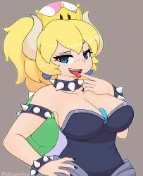 Rule 34 | 1girl, armlet, bare shoulders, black dress, blonde hair, blue eyes, blush, bowsette, bracelet, breasts, cleavage, collar, collarbone, dress, earrings, grey background, highres, horns, jewelry, large breasts, looking at viewer, mario (series), nail polish, new super mario bros. u deluxe, nintendo, nose blush, open mouth, pinkcappachino, ponytail, sharp teeth, simple background, smile, solo, spiked armlet, spiked bracelet, spiked collar, spiked shell, spikes, strapless, super crown, teeth, tongue, tongue out, upper teeth only