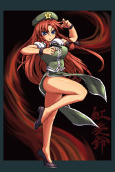 Rule 34 | 1girl, bare legs, beret, black panties, blue eyes, bow, braid, breasts, chinese clothes, female focus, fighting stance, hair bow, hat, highres, hong meiling, kung fu, large breasts, leg up, legs, long hair, long legs, martial arts, panties, pelvic curtain, red hair, solo, standing, standing on one leg, star (symbol), thighs, touhou, twin braids, underwear, uzuki, very long hair