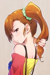 Rule 34 | 1girl, bare shoulders, blush, breasts, brown eyes, brown hair, futami mami, hair ornament, hair scrunchie, holding, holding own hair, idolmaster, idolmaster million live!, long hair, looking at viewer, looking back, neck, outline, ponytail, scrunchie, side ponytail, simple background, small breasts, solo, sweat, tomamatto, upper body