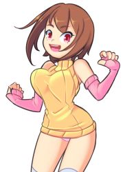 Rule 34 | 1girl, breasts, brown hair, digimon, digimon adventure, drantyno, fingerless gloves, gloves, happy, highres, large breasts, looking at viewer, open mouth, panties, pink eyes, pink gloves, pink panties, short hair, simple background, sleeveless, sleeveless sweater, smile, solo, standing, sweater, teeth, thighhighs, underwear, white background, white thighhighs, yagami hikari, yellow sweater
