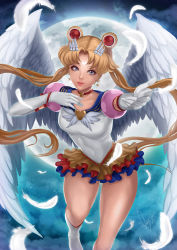 Rule 34 | 1990s (style), 1girl, bishoujo senshi sailor moon, bishoujo senshi sailor moon sailor stars, blonde hair, blue eyes, blue sailor collar, boots, braid, breasts, brooch, choker, crescent, crescent facial mark, earrings, elbow gloves, eternal sailor moon, facial mark, feathered wings, feathers, forehead mark, frilled skirt, frills, full moon, gloves, hair ornament, hairclip, heart, heart brooch, highres, jewelry, knee boots, layered skirt, leotard, lips, long hair, magical girl, magion02, miniskirt, moon, outstretched hand, retro artstyle, sailor collar, sailor moon, signature, skirt, small breasts, solo, tsukino usagi, twin braids, twintails, very long hair, white gloves, wing brooch, wings