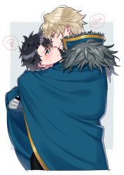 Rule 34 | 10s, 2boys, ar (rikuesuto), black hair, blue eyes, blush, cape, closed mouth, eye contact, fate/extra, fate/grand order, fate (series), fujimaru ritsuka (male), gawain (fate), gloves, heart, imminent kiss, looking at another, male focus, multiple boys, parted lips, platinum blonde hair, shared cape, shared clothes, smile, spoken heart, spoken squiggle, squiggle, yaoi