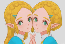 Rule 34 | 2girls, blonde hair, braid, cheek-to-cheek, commentary, dual persona, english commentary, ex-trident, from side, green eyes, grey background, hair ornament, hairclip, holding hands, heads together, long hair, looking at viewer, multiple girls, nintendo, parted lips, pointy ears, portrait, princess zelda, short hair, simple background, the legend of zelda, the legend of zelda: breath of the wild, the legend of zelda: tears of the kingdom
