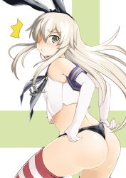 Rule 34 | 10s, 1girl, ^^^, anchor, anchor hair ornament, ass, bad id, bad pixiv id, black panties, blonde hair, blush, elbow gloves, gloves, green eyes, hair ornament, hairband, kantai collection, kojou, long hair, looking at viewer, panties, personification, shimakaze (kancolle), solo, striped clothes, striped thighhighs, thighhighs, thong, underwear, white gloves