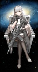 Rule 34 | 1girl, absurdres, ak-alfa, ak-alfa (girls&#039; frontline), assault rifle, black gloves, cheogtanbyeong, full body, galaxy, galaxy background, girls&#039; frontline, gloves, grey hair, gun, hand on own face, highres, holding, holding gun, holding weapon, jacket, long hair, looking at viewer, on chair, orange eyes, pantyhose, rifle, sitting, solo, weapon, white hair, yellow eyes