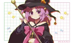 Rule 34 | 1girl, arm warmers, black cape, black hat, black shirt, black sleeves, blush, cape, closed mouth, criss-cross halter, crop top, detached sleeves, gem, hair bobbles, hair ornament, halterneck, hara (nanohara), hat, highres, looking at viewer, magia record: mahou shoujo madoka magica gaiden, magical girl, mahou shoujo madoka magica, medium hair, misono karin, parted bangs, parted hair, pink ribbon, purple eyes, purple hair, ribbon, shirt, smile, solo, star (symbol), two side up, witch hat, yellow gemstone