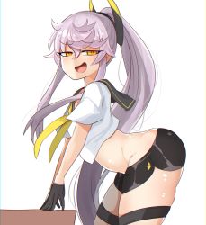 Rule 34 | 1girl, akaoni (zumt3548), ass, azur lane, black gloves, black sailor collar, black shorts, commentary request, crop top, from side, gloves, highres, light purple hair, long hair, looking at viewer, narrowed eyes, neckerchief, open mouth, ponytail, ringed eyes, sailor collar, shirt, short shorts, shorts, sidelocks, simple background, siren (azur lane), purifier (azur lane), smirk, smug, solo, standing, table, thigh strap, very long hair, white background, white shirt, yellow eyes, yellow neckerchief