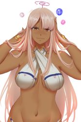 Rule 34 | 1girl, absurdres, alternate breast size, bikini, blonde hair, breasts, dark-skinned female, dark skin, hair down, hair ornament, half-closed eyes, halterneck, hand on own head, highres, hololive, hololive english, large breasts, limiter (tsukumo sana), long hair, looking at viewer, myth1carts, navel, smile, solo, swimsuit, tsukumo sana, very long hair, virtual youtuber, white background, white bikini, yellow eyes