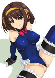 Rule 34 | 1girl, :p, ass, bare shoulders, black gloves, black thighhighs, blue gloves, blue one-piece swimsuit, blue thighhighs, blush, brown eyes, brown hair, cameltoe, cosplay, covered erect nipples, covered navel, dead or alive, elbow gloves, gloves, hairband, haruhisky, highres, leotard, looking at viewer, marie rose, marie rose (cosplay), navel, one-piece swimsuit, sitting, solo, spread legs, suzumiya haruhi, suzumiya haruhi no yuuutsu, swimsuit, thighhighs, tongue, tongue out