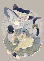 Rule 34 | 1girl, animal hands, animal hat, bell, between legs, black hat, blouse, bow, bowtie, buttons, cat hat, cat paws, cat tail, closed mouth, commentary, diamond button, floral print, frilled sleeves, frills, full body, green bow, green bowtie, green eyes, green hair, green skirt, hair between eyes, hand between legs, hat, hat bow, heart, heart of string, highres, jingle bell, kemonomimi mode, komeiji koishi, lace, lace-trimmed skirt, lace trim, long sleeves, looking at viewer, medium hair, nikorashi-ka, rose print, shirt, sitting, skirt, tail, tail bow, tail ornament, third eye, touhou, wide sleeves, yellow bow, yellow shirt