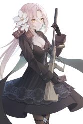 Rule 34 | 1girl, absurdres, assault rifle, aug (girls&#039; frontline), black dress, black gloves, black pantyhose, blonde hair, breasts, bullpup, cleavage, dress, extended barrel, flower, girls&#039; frontline, gloves, gun, hair flower, hair ornament, hair ribbon, highres, huge filesize, long hair, looking at viewer, ludwig (user aewg2872), pantyhose, ribbon, rifle, simple background, small breasts, solo, steyr aug, suppressor, thighhighs, weapon, white background, yellow eyes