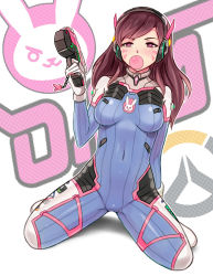 Rule 34 | 1girl, ben-day dots, bodysuit, breasts, brown hair, blowing bubbles, cameltoe, chewing gum, covered navel, d.va (overwatch), facial mark, finger on trigger, gloves, gun, headphones, holding, holding gun, holding weapon, impossible bodysuit, impossible clothes, charm (object), long hair, looking at viewer, medium breasts, overwatch, overwatch 1, pink eyes, rabbit, screentones, shiny clothes, sieyarelow, sitting, skin tight, solo, spread legs, wariza, weapon, whisker markings