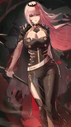 Rule 34 | 1girl, absurdres, black dress, black tiara, blood, blood on face, blunt bangs, blush, bow choker, breasts, cleavage, detached sleeves, dress, highres, holding, holding scythe, hololive, hololive english, jamesloves art, large breasts, long hair, looking at viewer, mori calliope, mori calliope (1st costume), pink eyes, pink hair, red eyes, scythe, serious, shoulder spikes, single detached sleeve, single thighhigh, spiked cape, spikes, thighhighs, thighs, tiara, underworld, veil, virtual youtuber