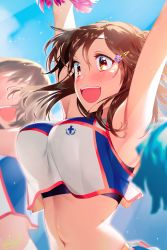 Rule 34 | 2girls, :d, armpits, arms up, blew andwhite, blue sky, blush, bouncing breasts, breasts, breasts day, brown eyes, brown hair, cheerleader, closed mouth, commentary request, crop top, hair ornament, hairclip, highres, large breasts, medium breasts, multiple girls, open mouth, original, outdoors, pom pom (cheerleading), signature, sky, smile, solo focus, teeth, thighhighs, upper body, upper teeth only