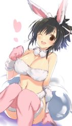 Rule 34 | 1girl, animal costume, animal ears, asuka (senran kagura), bare hips, bare shoulders, breasts, rabbit costume, cleavage, gloves, hair ribbon, hand up, heart, highres, knees, large breasts, legs, looking at viewer, one eye closed, open mouth, pink legwear, ponytail, rabbit ears, revealing clothes, ribbon, senran kagura, senran kagura peach ball, short hair, sitting, thick thighs, thighs, wink, yaegashi nan