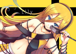 Rule 34 | 1girl, bare shoulders, blonde hair, blue eyes, cable, collar, collarbone, eyebrows, eyelashes, female focus, furai, hair between eyes, headphones, highres, lily (vocaloid), lips, long hair, microphone, midriff, navel, smile, solo, teeth, vocaloid