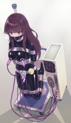 Rule 34 | 1girl, absurdres, bdsm, black bodysuit, blue eyes, bodysuit, bound, bound arms, bound legs, breasts, brown hair, chastity belt, commentary request, commission, eta (kage no jitsuryokusha ni naritakute!), gag, gagged, highres, immobilization, kage no jitsuryokusha ni naritakute!, kneeling, latex, latex bodysuit, long hair, medium breasts, plug gag, raftetram, restrained, sex machine, shiny clothes, skeb commission, skin tight, solo, stationary restraints