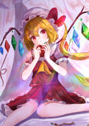 Rule 34 | 1girl, absurdres, apple, ascot, blonde hair, crystal, flandre scarlet, food, frills, fruit, hat, hat ribbon, highres, holding, holding food, holding fruit, looking at viewer, mere (mere88510880), mob cap, open mouth, red eyes, ribbon, side ponytail, sitting, solo, touhou, wings