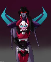 Rule 34 | 2girls, arcee, blue eyes, glowing, glowing eyes, highres, holding hands, lips, multiple girls, red eyes, robot, size difference, slipstream (transformers), transformers, transformers animated, yuri