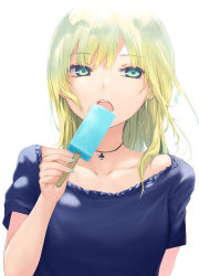 Rule 34 | 1girl, blonde hair, blue nails, blue shirt, coffee-kizoku, eating, food, green eyes, highres, ice cream, jewelry, long hair, mele retanagua, nail polish, necklace, open mouth, original, shirt, simple background, solo, upper body, white background