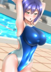 Rule 34 | 1girl, arms up, blue hair, blue one-piece swimsuit, breasts, commentary request, competition swimsuit, cowboy shot, highres, large breasts, mole, mole under eye, nijisanji, one-piece swimsuit, open mouth, pool, poolside, shizuka rin, short hair, solo, swimsuit, virtual youtuber, water, yellow eyes, yurizuku owl