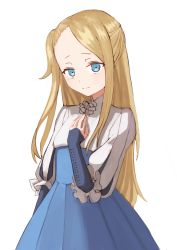 Rule 34 | 1girl, absurdres, blonde hair, blue dress, blue eyes, dress, hand up, highres, long hair, looking at viewer, mary (princess principal), princess principal, princess principal crown handler, puffy sleeves, simple background, solo, sougo ekaki, white background