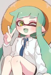 Rule 34 | 1girl, :d, black shorts, blue necktie, blush, collared shirt, commentary request, ear blush, fang, green eyes, green hair, grey background, hat, highres, inkling, inkling girl, inkling player character, long hair, necktie, nintendo, one eye closed, open mouth, pointy ears, shirt, shorts, sif ly, skin fang, smile, solo, splatoon (series), straw hat, tentacle hair, v, white shirt