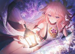 Rule 34 | 1girl, animal ears, bad id, bad pixiv id, bare shoulders, breasts, closed mouth, detached sleeves, dutch angle, earrings, fox ears, genshin impact, hair ornament, holding, holding lantern, jewelry, lantern, large breasts, lens flare, light, light particles, long hair, long sleeves, looking at viewer, lying, miniskirt, night, no.aei, on side, outdoors, pink hair, purple eyes, red skirt, sideboob, skirt, smile, solo, tree, very long hair, wide sleeves, yae miko