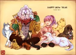 Rule 34 | 2018, biting, breath, colonel olcott (fate), contemporary, dog, fate/grand order, fate (series), glove biting, gloves, happy new year, harupippo, helena blavatsky (fate), highres, lion, multiple dogs, new year, ponytail, purple hair, scarf, sweat, sweater, thomas edison (fate), tongue, tongue out, too many, too many dogs