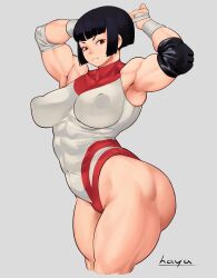 Rule 34 | 1girl, absurdres, arms up, black hair, bob cut, breasts, covered erect nipples, covered navel, cowboy shot, cropped legs, elbow pads, eyeshadow, grey background, hayabusart, highres, large breasts, leotard, makeup, muscular, muscular female, short hair, solo, street fighter, thick thighs, thighs, yamato nadeshiko (street fighter)