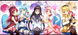 Rule 34 | 10s, 5girls, akemi homura, akemi homura (magical girl), bare shoulders, beret, black hair, blonde hair, blue eyes, blue hair, boots, bubble skirt, cake, cape, charlotte (madoka magica), cheese, corset, detached sleeves, drill hair, food, fortissimo, glasses, gloves, hair ornament, hairband, hairclip, hairpin, hat, highres, kaname madoka, kaname madoka (magical girl), kyubey, long hair, magical girl, mahou shoujo madoka magica, mahou shoujo madoka magica: hangyaku no monogatari, miki sayaka, miki sayaka (magical girl), multiple girls, musical note, musical note hair ornament, pantyhose, pink eyes, pink hair, ponytail, puffy sleeves, purple eyes, red eyes, red hair, sakamuke, sakura kyoko, sakura kyoko (magical girl), short hair, sitting, skirt, striped clothes, striped legwear, striped thighhighs, thighhighs, tomoe mami, tomoe mami (magical girl), twin drills, twintails, vertical-striped clothes, vertical-striped legwear, vertical-striped thighhighs, white gloves, white legwear, witch (madoka magica), yellow eyes