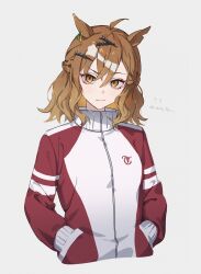 1girl ? ?? absurdres animal_ears brown_eyes brown_hair closed_mouth commentary_request cropped_torso grey_background hair_between_eyes hair_ornament hairclip half_up_braid hands_in_pockets highres horse_ears horse_girl io_(sinking=carousel) jacket jungle_pocket_(umamusume) long_sleeves looking_at_viewer multicolored_hair notched_ear red_jacket simple_background solo streaked_hair track_jacket umamusume upper_body white_hair x_hair_ornament