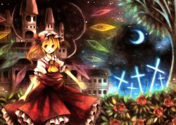 Rule 34 | 1girl, ascot, bad id, bad pixiv id, blonde hair, bow, castle, crescent, cross, crystal, female focus, flandre scarlet, flower, hat, hat bow, leaf, namakuby, night, open mouth, plant, puffy sleeves, red eyes, rose, short hair, short sleeves, side ponytail, solo, standing, star (symbol), touhou, tree, wings