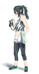 Rule 34 | 1girl, bare arms, bare shoulders, black footwear, black leggings, blew andwhite, bottle, commentary request, crop top, cross-laced footwear, double horizontal stripe, full body, green eyes, green hair, hair between eyes, hair intakes, high ponytail, highres, holding, holding towel, kantai collection, kiso (kancolle), leggings, legs, legs apart, long hair, looking to the side, navel, parted bangs, shoes, short shorts, shorts, simple background, sneakers, solo, standing, stomach, sweat, nervous sweating, tank top, toned, towel, water bottle, white background, white shorts