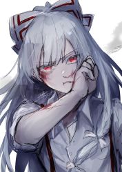 Rule 34 | 1girl, blood, blood from mouth, blood on arm, blood on face, blouse, bow, collared shirt, commentary, fujiwara no mokou, hair bow, highres, long hair, looking at viewer, nosebleed, red eyes, rokuya (68 zusao), shirt, signature, solo, suspenders, touhou, upper body, v-shaped eyebrows, white bow, white hair, white shirt, wiping mouth