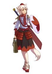 Rule 34 | 1girl, animal ears, bare shoulders, breasts, detached sleeves, full body, geta, hat, highres, inubashiri momiji, lleu, looking away, pom pom (clothes), red eyes, red scarf, ribbon-trimmed sleeves, ribbon trim, scarf, shield, short hair, silver hair, skirt, solo, sword, tail, tokin hat, touhou, transparent background, weapon, wolf ears, wolf tail