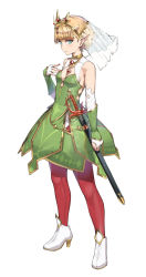 Rule 34 | 1girl, bare shoulders, blonde hair, blue eyes, blush, boots, breasts, bridal gauntlets, detached sleeves, dress, ear piercing, earrings, full body, funyariko, green dress, high heel boots, high heels, highres, holding, jewelry, looking at viewer, nail polish, original, pantyhose, piercing, pointy ears, satsuki neko, simple background, sleeveless, solo, standing, sword, weapon, white background