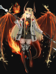 Rule 34 | 1girl, absurdres, arknights, black background, black gloves, black sweater, black thighhighs, blue eyes, diamond-shaped pupils, diamond (shape), dragon girl, dragon horns, dragon tail, earrings, fiery wings, fire, flame-tipped tail, full body, gloves, hand up, highres, holding, holding polearm, holding weapon, hood, hood down, hooded jacket, horns, huijin zhi ling, infection monitor (arknights), jacket, jewelry, long sleeves, open clothes, open jacket, polearm, reed (arknights), ribbed sweater, simple background, solo, sweater, symbol-shaped pupils, tail, thighhighs, weapon, weapon behind back, white jacket, wings