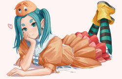 Rule 34 | 1girl, absurdres, aqua eyes, black pantyhose, blue hair, boots, center frills, closed mouth, commentary, dress, frills, green pantyhose, head rest, heart, highres, light blush, looking at viewer, lying, monogatari (series), nemo ringo, on stomach, ononoki yotsugi, orange dress, pantyhose, pink background, puffy short sleeves, puffy sleeves, short sleeves, simple background, solo, striped clothes, striped pantyhose, thick eyebrows, twintails, yellow footwear