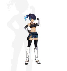 Rule 34 | 1girl, absurdres, black sports bra, blue hair, breasts, brown eyes, chest jewel, closed mouth, crop top, fiery hair, fingerless gloves, gloves, glowing lines, hand on own hip, highres, kazo (kidokazo), leggings, looking at viewer, navel, no sclera, sena (xenoblade), shorts, shoulder strap, side ponytail, small breasts, smile, solo, sports bra, thighhighs, white background, xenoblade chronicles (series), xenoblade chronicles 3
