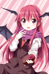 Rule 34 | 1girl, :d, bat wings, blouse, box, gift, gift box, giving, head wings, heart, incoming gift, koakuma, long hair, necktie, open mouth, plaid, plaid scarf, pointy ears, purple eyes, red hair, red necktie, religious offering, ruu (tksymkw), scarf, shirt, skirt, smile, touhou, vest, wings