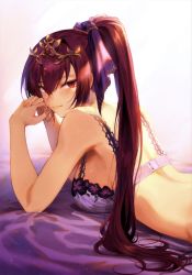 Rule 34 | 1girl, absurdres, bare shoulders, bra, breasts, fate/grand order, fate (series), fingernails, hair ornament, highres, interlocked fingers, jewelry, lips, long hair, looking at viewer, lying, mashuu (neko no oyashiro), medium breasts, on stomach, own hands together, ponytail, purple hair, red eyes, scan, scathach (fate), scathach skadi (fate), simple background, solo, tiara, underwear, underwear only