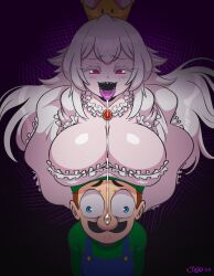 Rule 34 | 1boy, 1girl, absurdres, blue eyes, breast rest, breasts, breasts on head, cleavage, collarbone, colored tongue, constricted pupils, crown, dated, dress, facial hair, floating, gradient background, green headwear, green shirt, hat, highres, joao pereira, large breasts, long hair, looking down, luigi, luigi&#039;s mansion, mario (series), mustache, new super mario bros. u deluxe, nintendo, open mouth, overalls, pale skin, princess king boo, purple background, purple tongue, red eyes, saliva, sharp teeth, shirt, smug, super crown, teeth, tongue, tongue out, upper body, white dress, white hair
