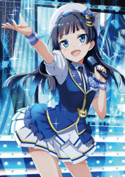 Rule 34 | 1girl, beret, black hair, blue eyes, blush, breasts, dress, gotyou, grateful blue (idolmaster), hat, idolmaster, idolmaster million live!, long hair, looking at viewer, microphone, mogami shizuka, open mouth, outstretched arm, skirt, small breasts, smile, solo